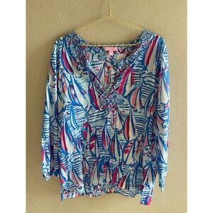 Lilly Pulitzer Women's Sz XL Amelia Island Tunic Top Red Right Return Sailboats
